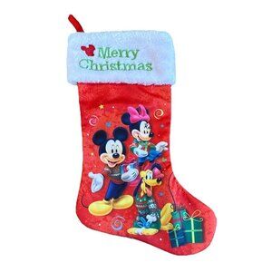 Disney Mickey Minnie Mouse Pluto Embroidered Merry Christmas stocking Red Plush